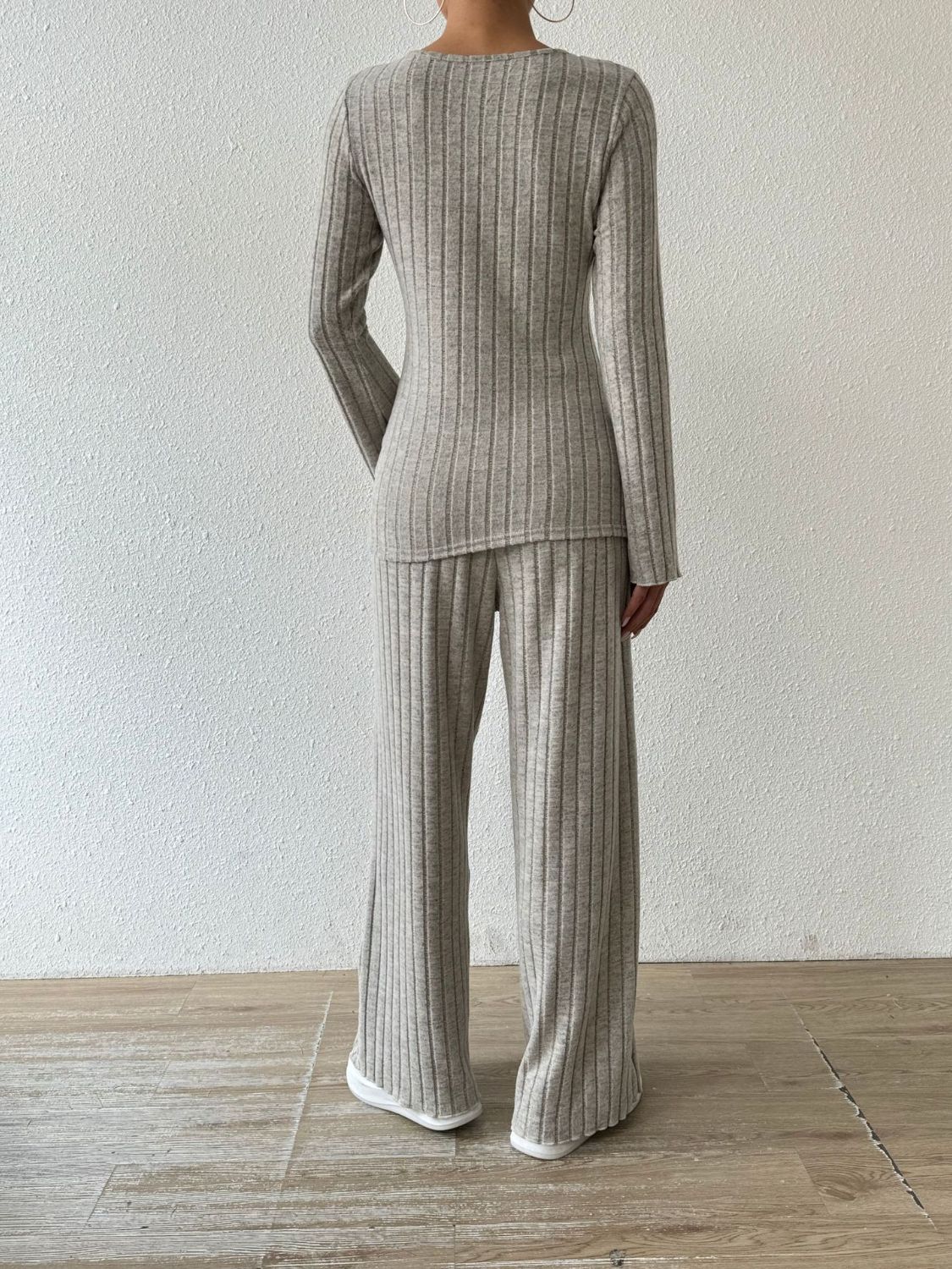 Ribbed V-Neck Long Sleeve Top and Pocketed Pants Set-Bella Boutique Collective