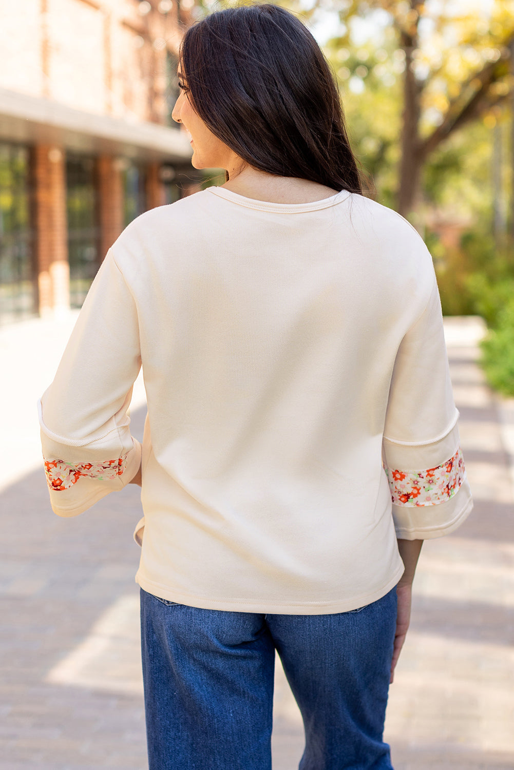 Beige Flower Patch Graphic Exposed Seam Wide Sleeve Top-Bella Boutique Collective