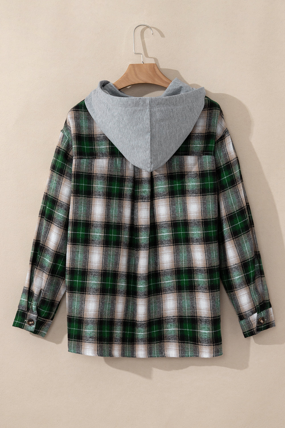 Green Plaid Print Chest Pocket Buttoned Hooded Shacket-Bella Boutique Collective