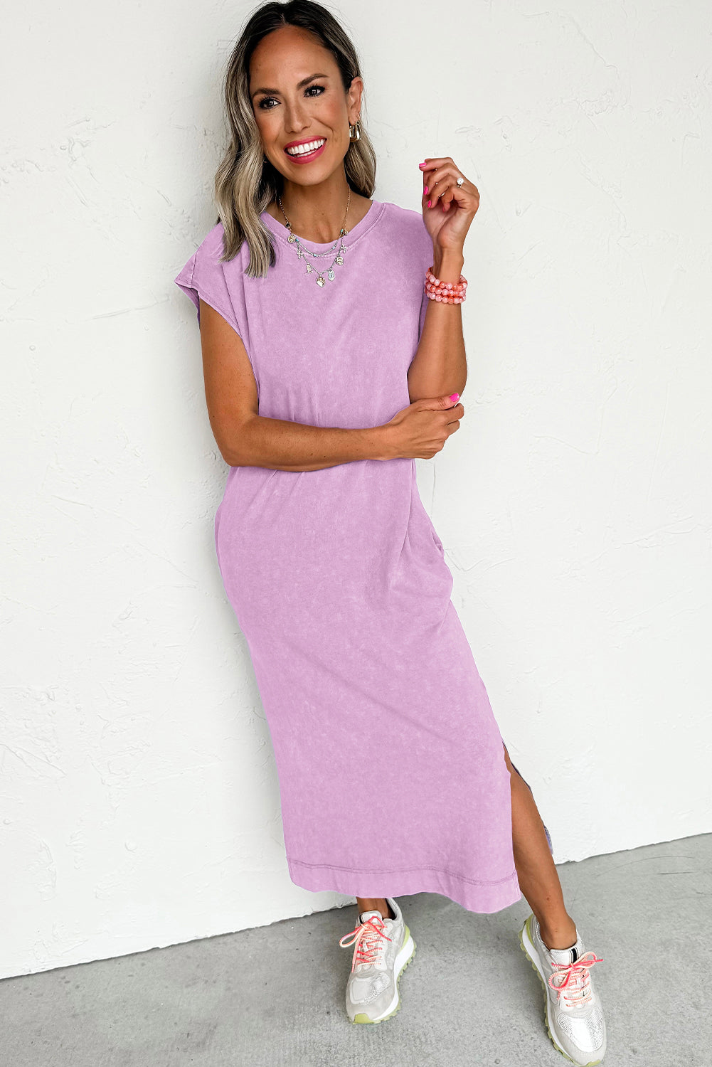 Wisteria Mineral Wash Pocketed T-shirt Long Dress-Bella Boutique Collective