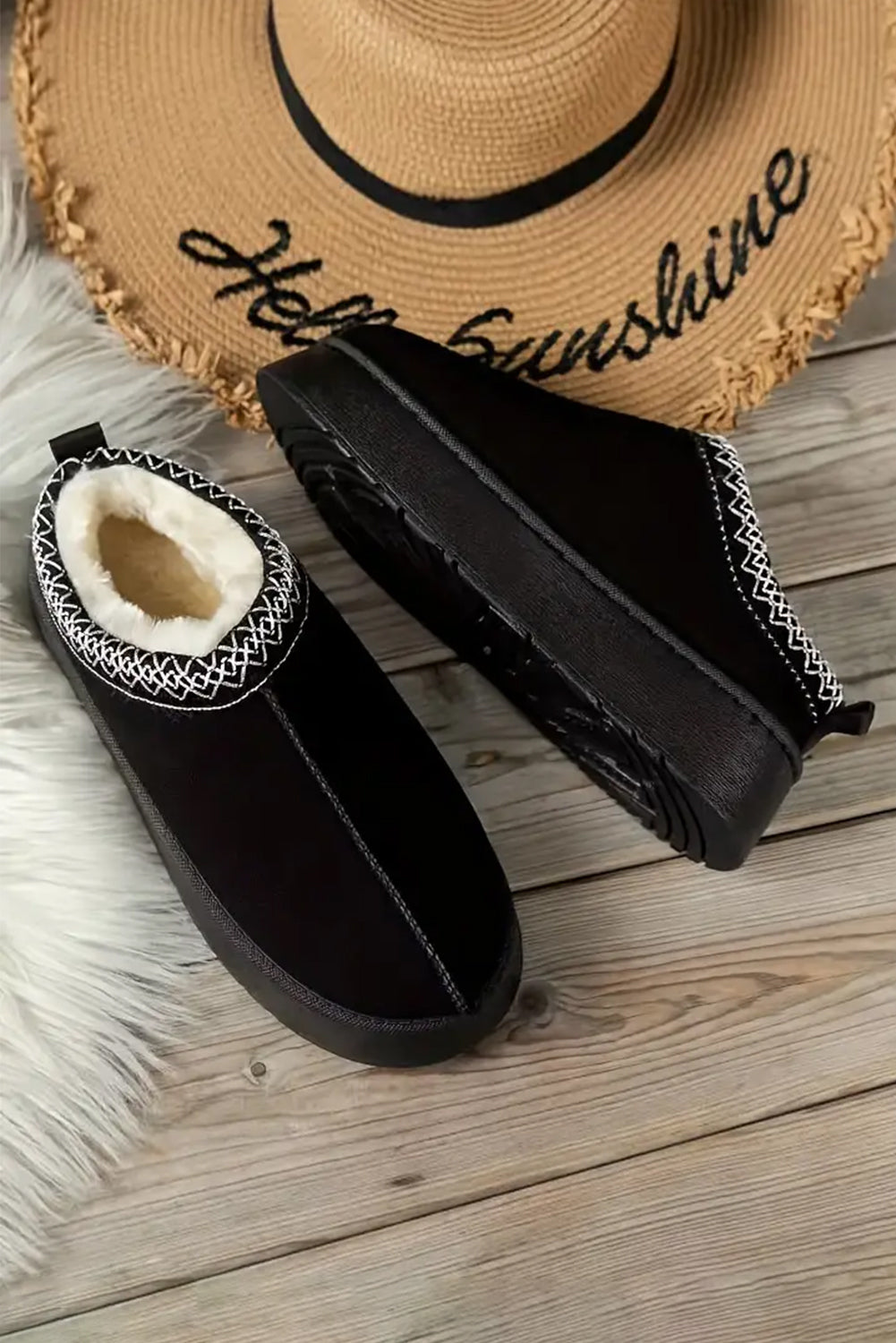 Black Contrast Print Suede Plush Lined Snow Boots-Bella Boutique Collective
