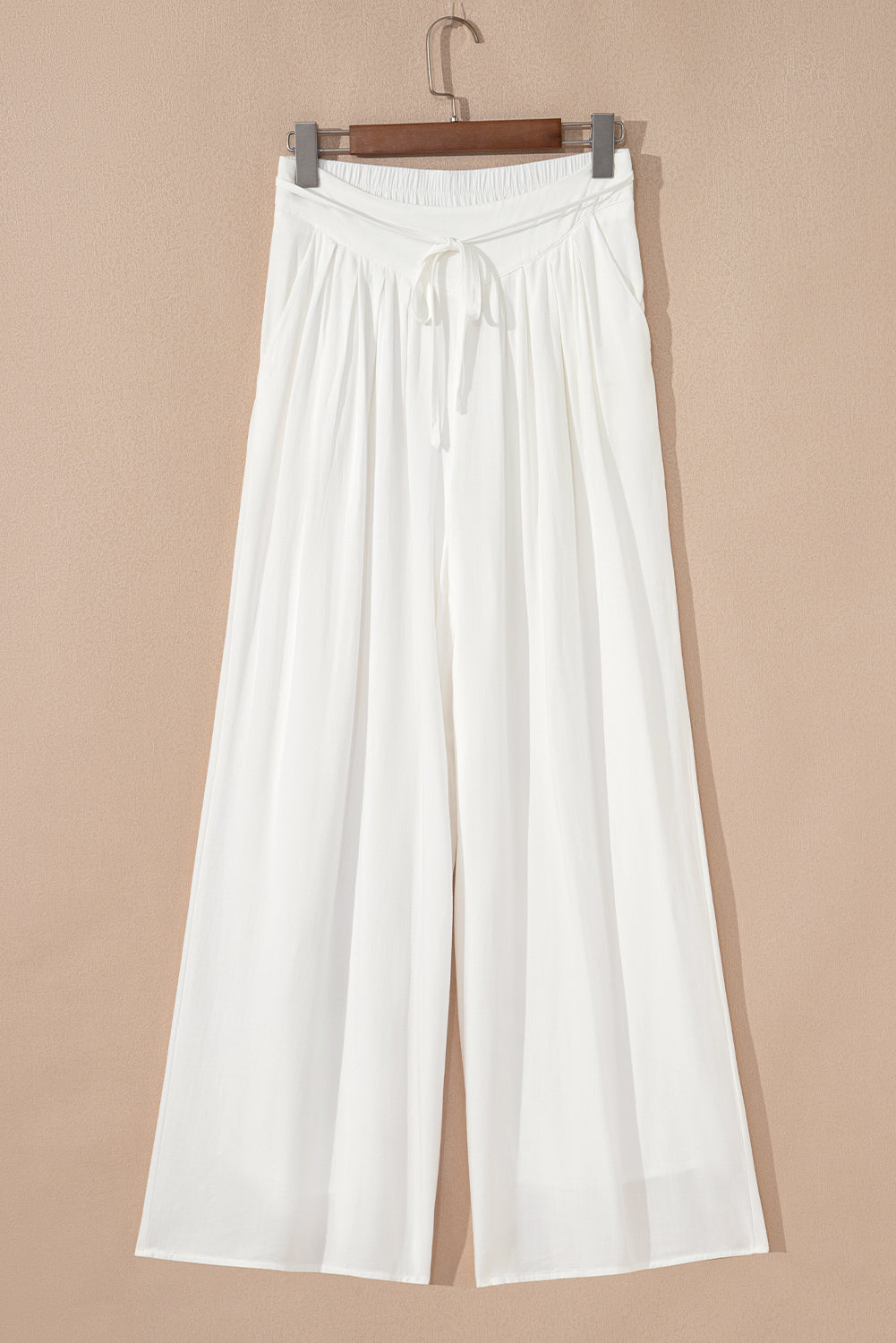 White Solid Drop Waist Pleated Wide Leg Casual Pants-Bella Boutique Collective