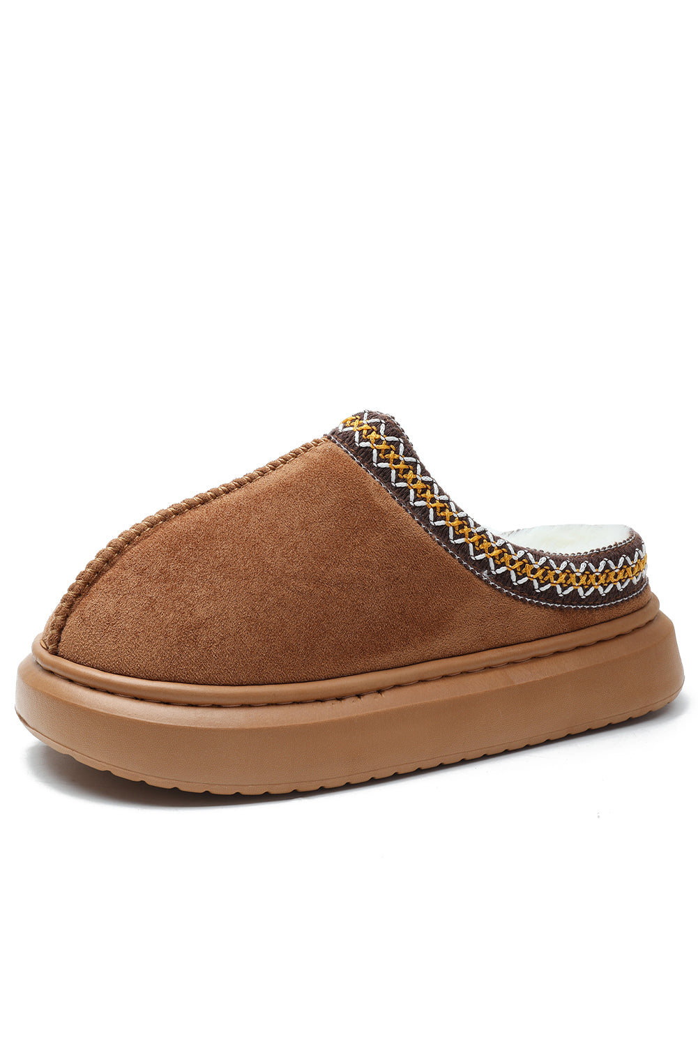 Chestnut Contrast Edge Suede Plush Lined Thick Sole Winter Slippers-Bella Boutique Collective