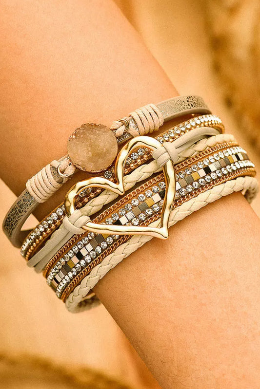 Beige Bohemian Heart Rhinestone Magnetic Buckle Bracelet-Bella Boutique Collective