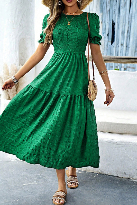 Dark Green Solid Textured Smocked Puff Short Sleeve High Waist Long Dress-Bella Boutique Collective
