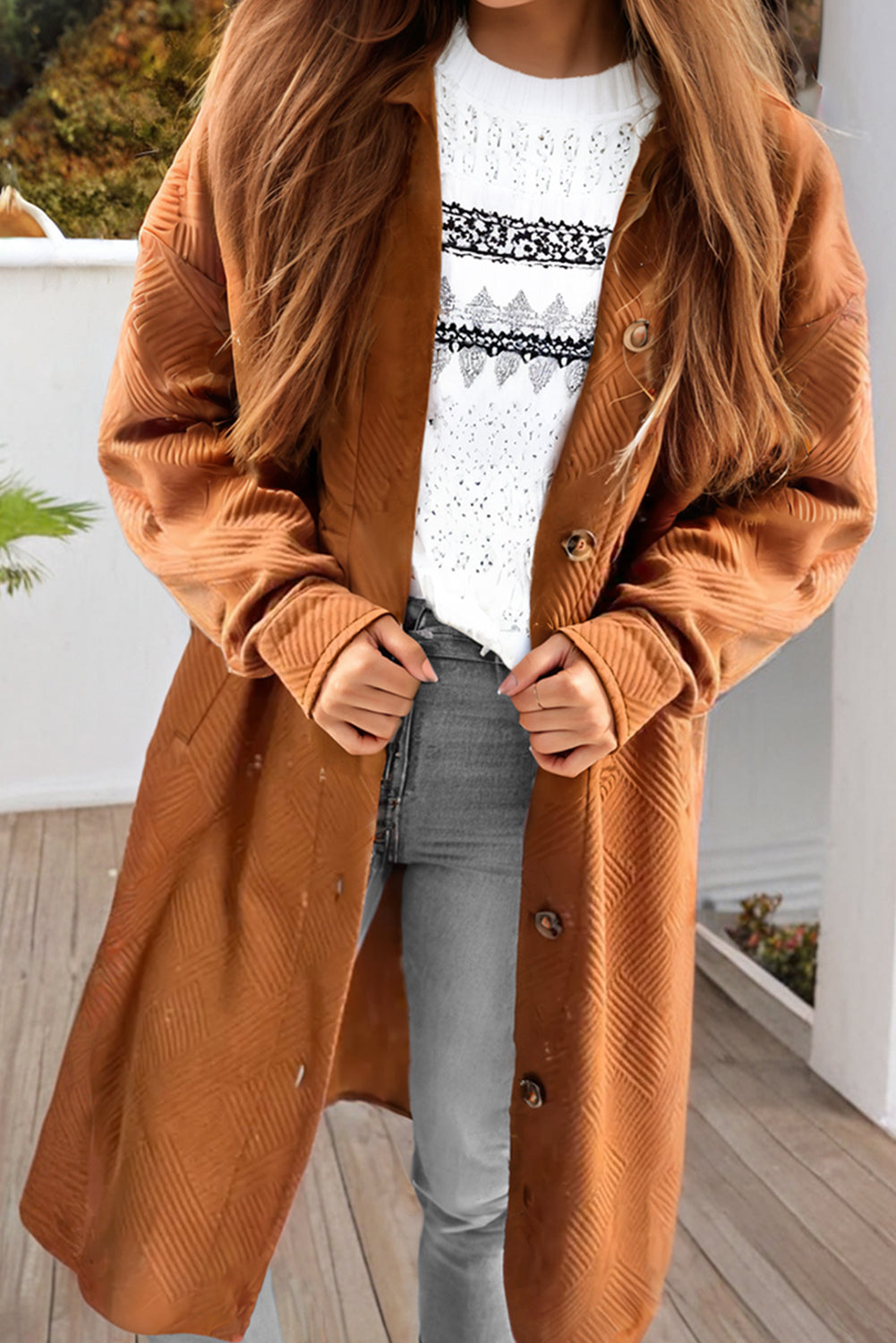 Gold Flame Textured Collared Drop Shoulder Buttoned Front Duster Coat-Bella Boutique Collective