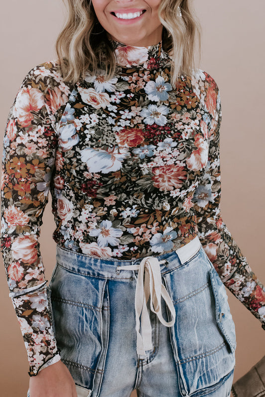 Brown Floral Long Sleeve High Neck Sheath Mesh Blouse-Bella Boutique Collective
