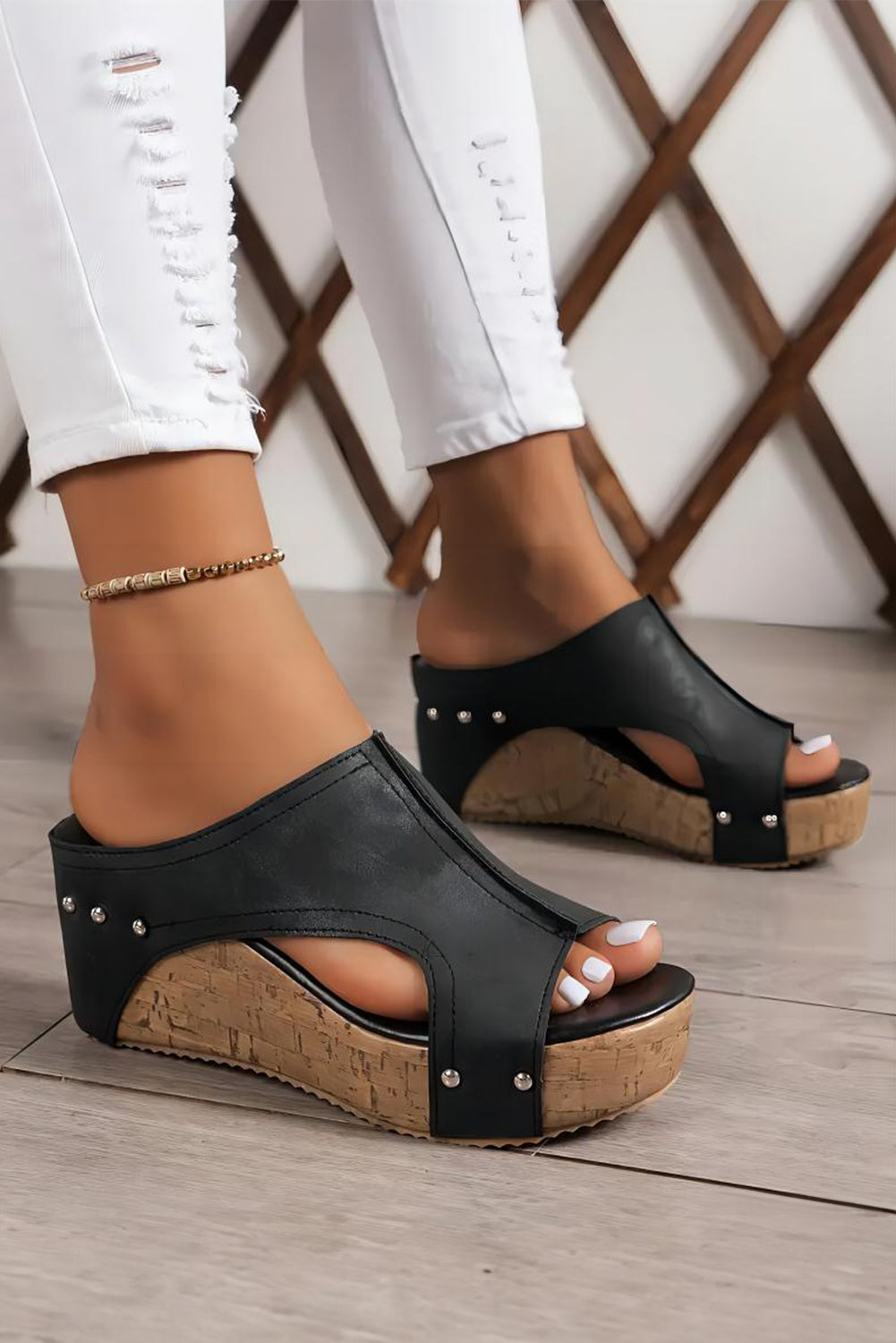 Black Hollow Out Studded PU Leather Wedge Slippers-Bella Boutique Collective