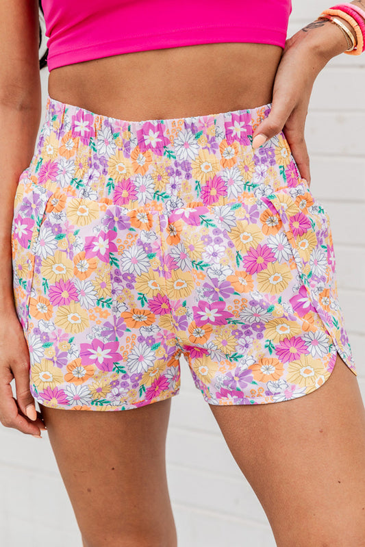 Pink Boho Floral Shirred High Waist Casual Shorts-Bella Boutique Collective