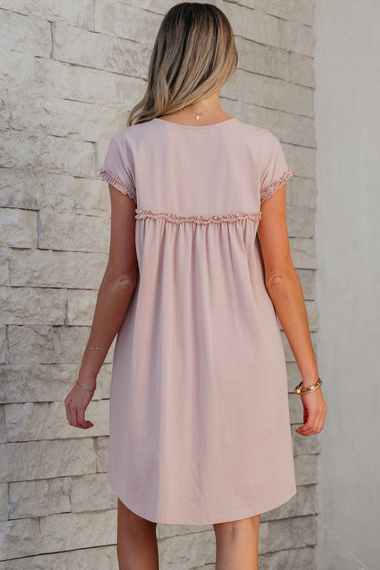 Oatmeal Frilled Trim Crew Neck Loose Fit Mini Dress-Bella Boutique Collective