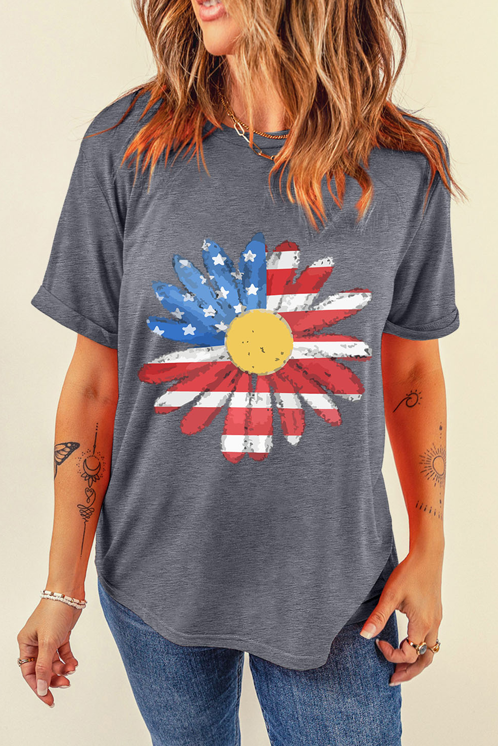Gray Flag Pattern Sunflower Graphic Crew Neck Tee-Bella Boutique Collective