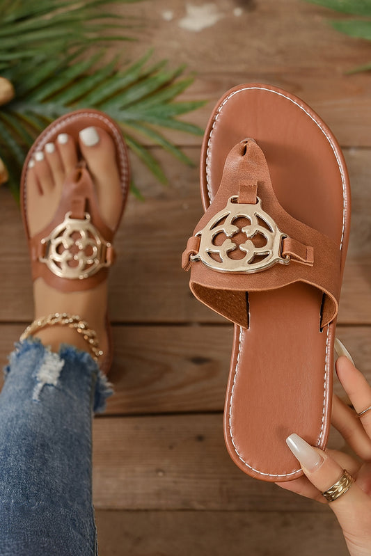 Chestnut Metal Decor Leather Thong Slippers-Bella Boutique Collective