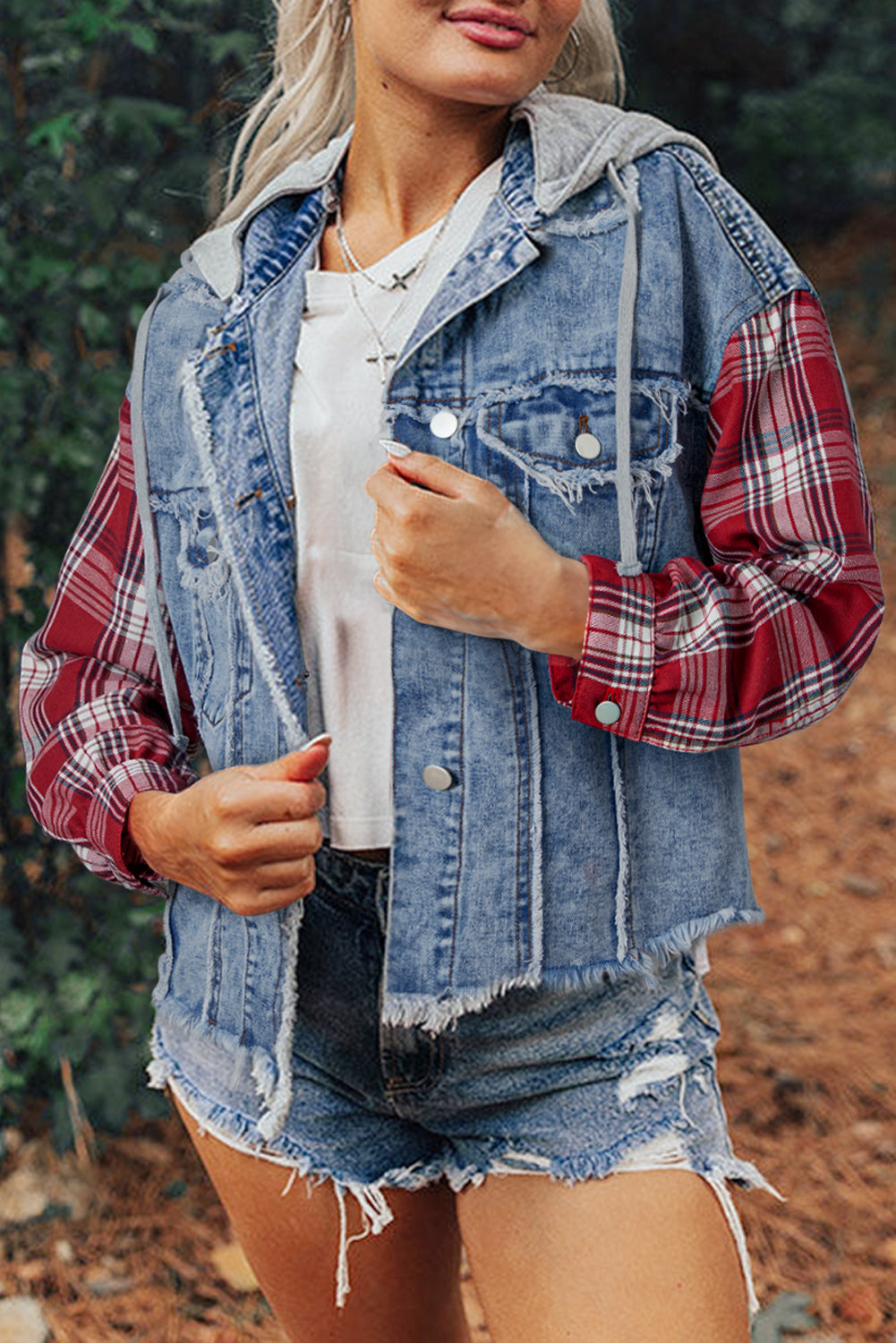 Beau Blue Plaid Print Patchwork Hooded Raw Hem Denim Jacket-Bella Boutique Collective