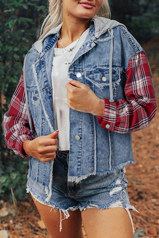 Beau Blue Plaid Print Patchwork Hooded Raw Hem Denim Jacket-Bella Boutique Collective