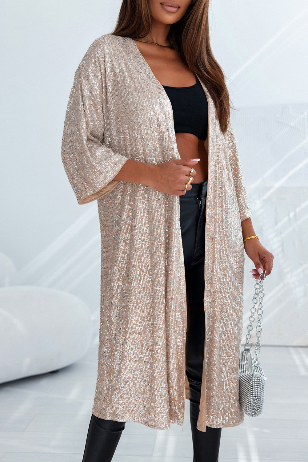 Apricot Sequin 3/4 Sleeve Open Front Duster Kimono-Bella Boutique Collective