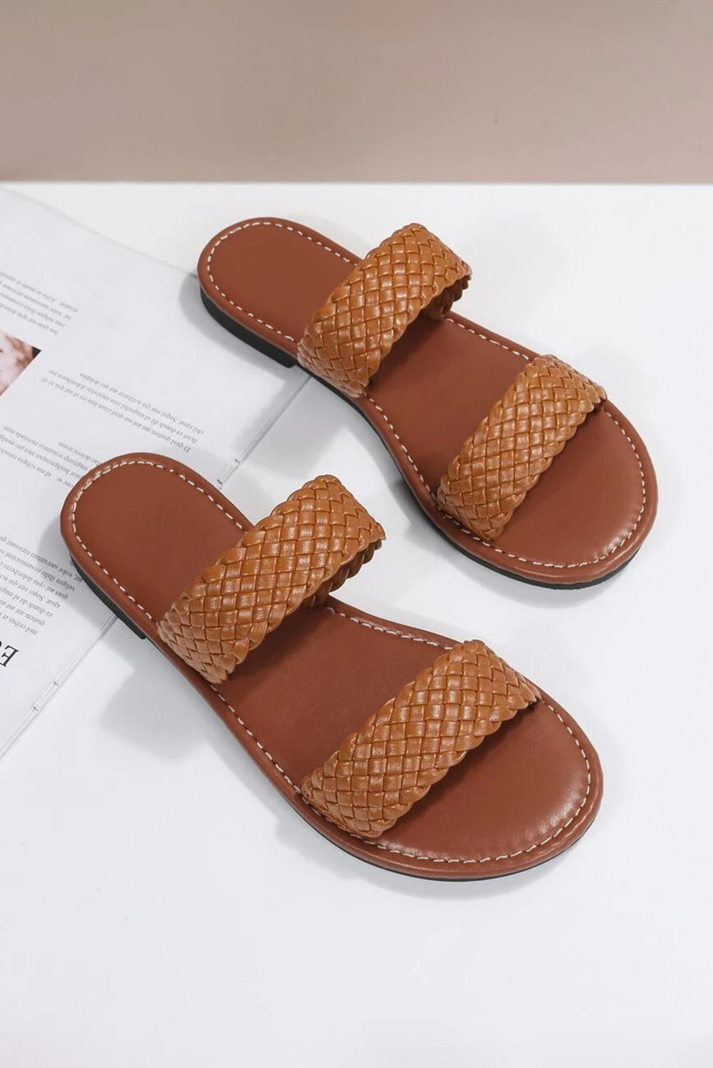 Chestnut Braided Double Band Leathered Flat Slippers-Bella Boutique Collective