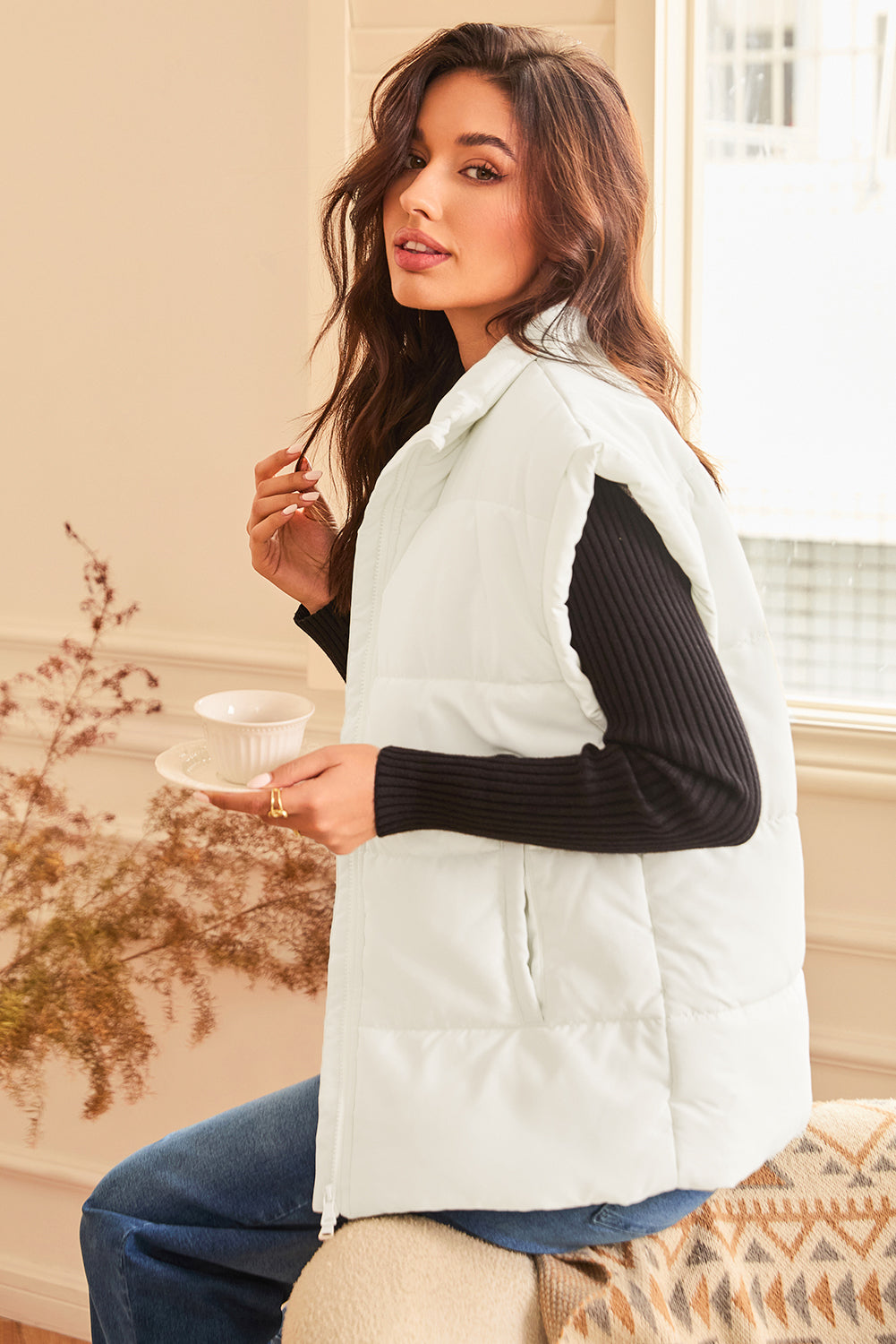 Beige Zipper Stand Neck Oversized Puffer Vest-Bella Boutique Collective