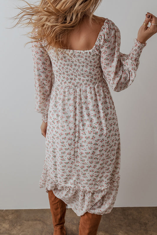 White Floral Print Shirred Ruffled Hem Square Neck Midi Dress-Bella Boutique Collective