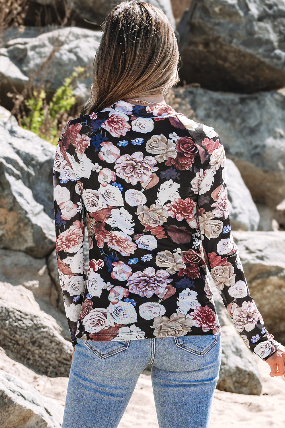 Pink Mesh Floral Print Mock Neck Long Sleeve Slim Top-Bella Boutique Collective