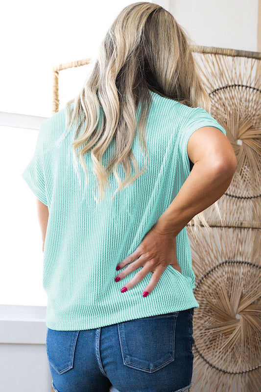 Light Blue Corded Knit Color Block Pocketed Crew Neck T Shirt-Bella Boutique Collective