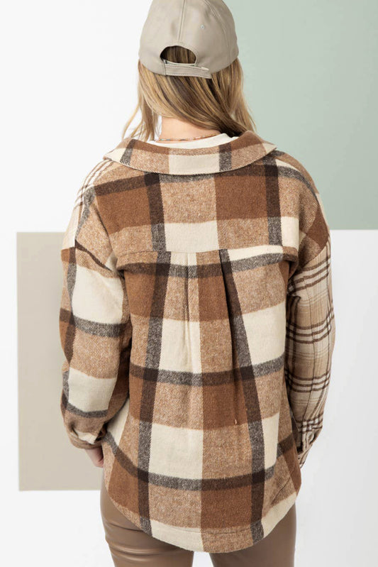 Light French Beige Flannel Plaid Double Flap Pocket Shacket-Bella Boutique Collective
