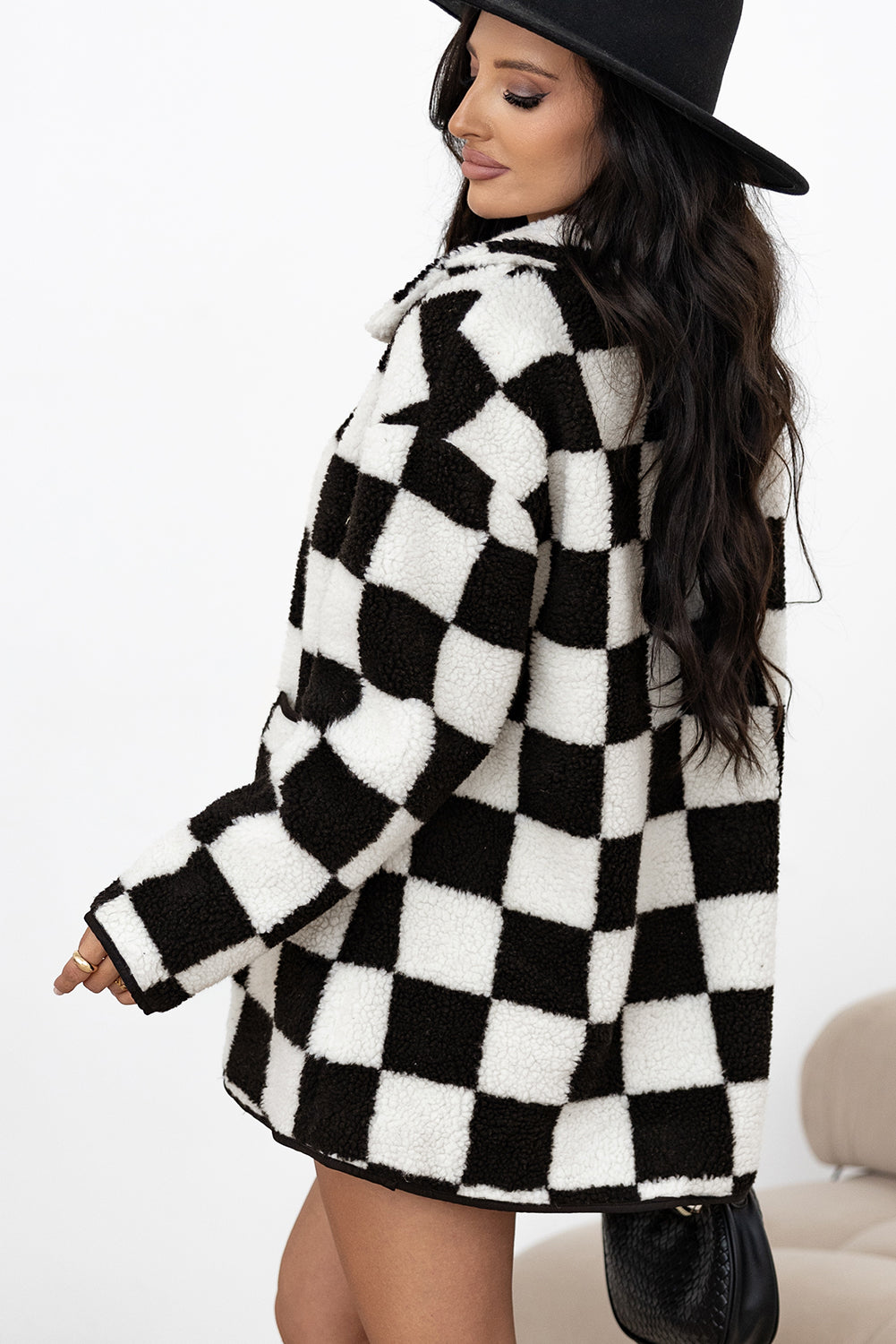 Black Checkered Side Pockets Collared Buttoned Fleece Jacket-Bella Boutique Collective