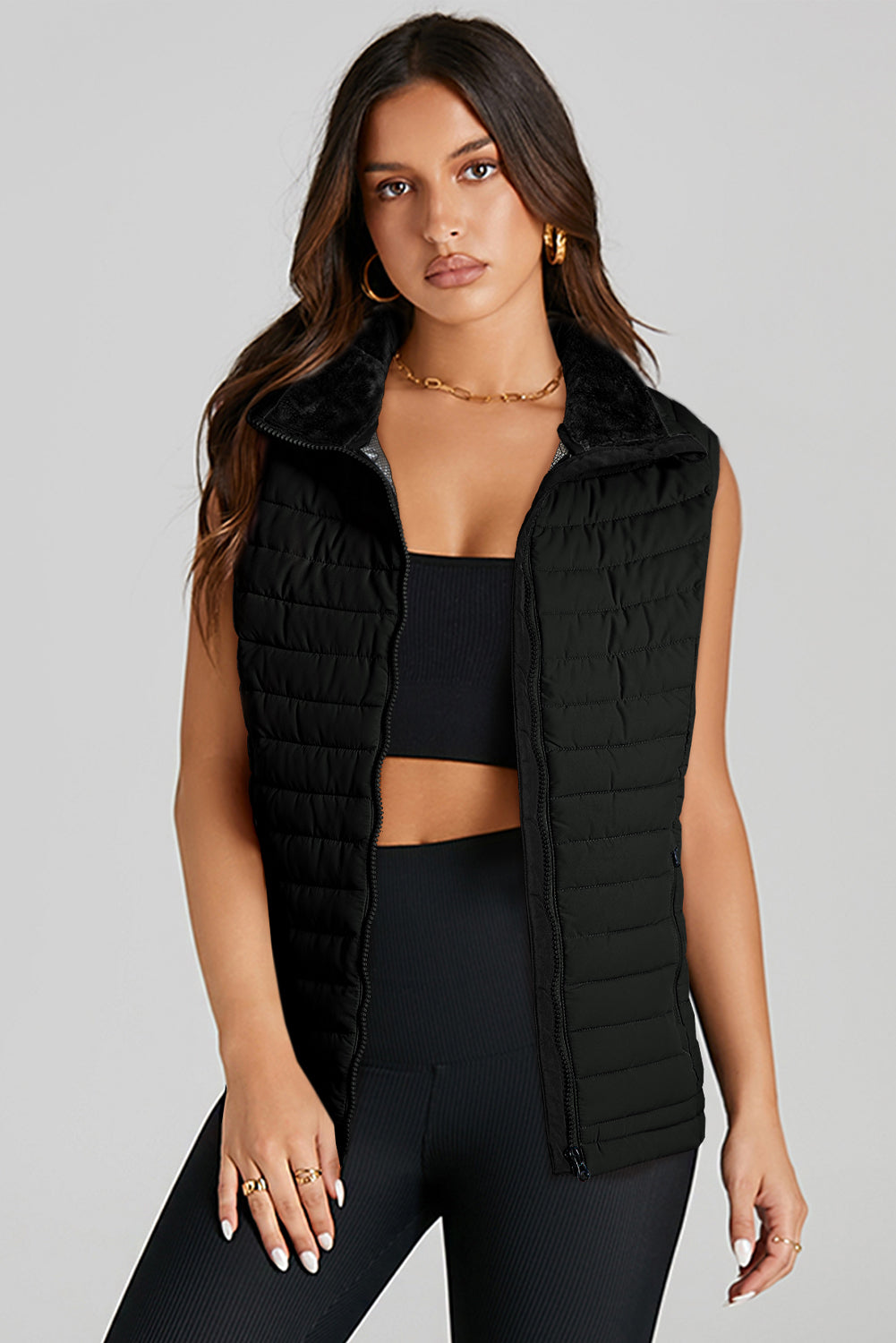 Black Plush Collared Quilted Zipped Puffer Vest-Bella Boutique Collective