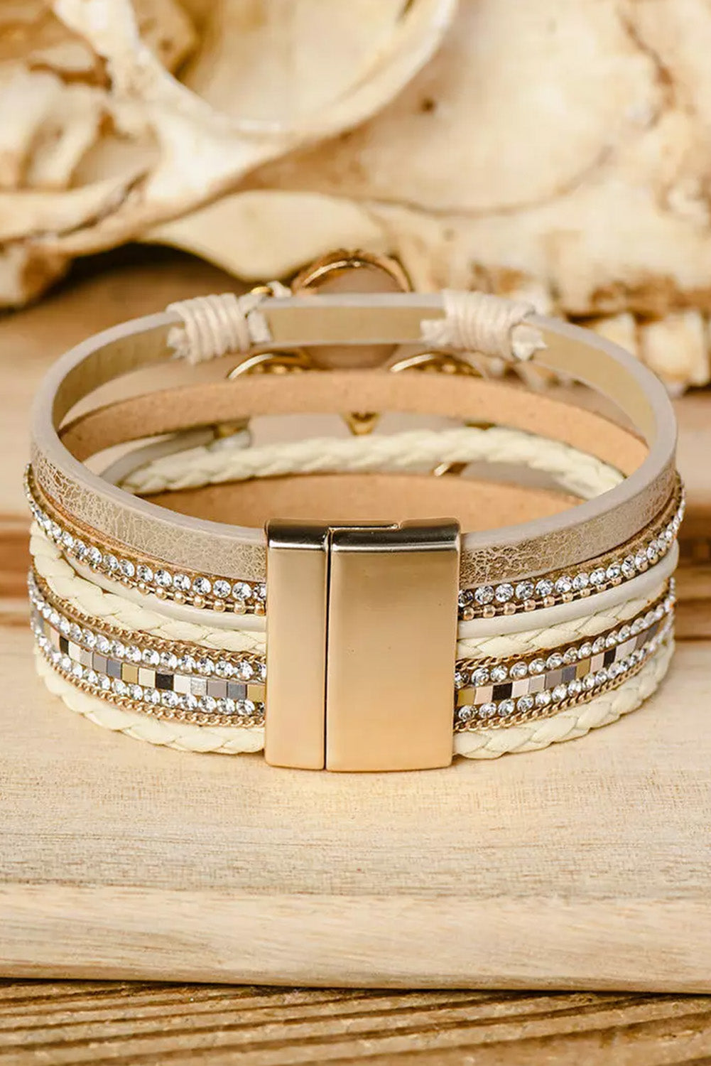 Beige Bohemian Heart Rhinestone Magnetic Buckle Bracelet-Bella Boutique Collective