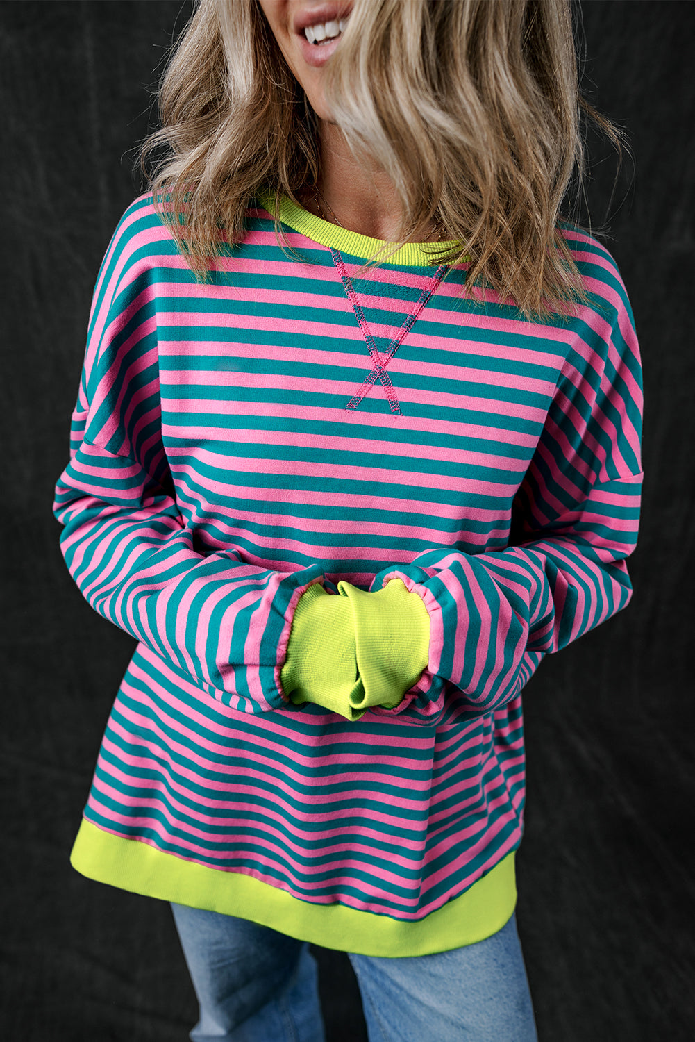 Green Stripe Oversized Contrast Trim Pullover Sweatshirt-Bella Boutique Collective