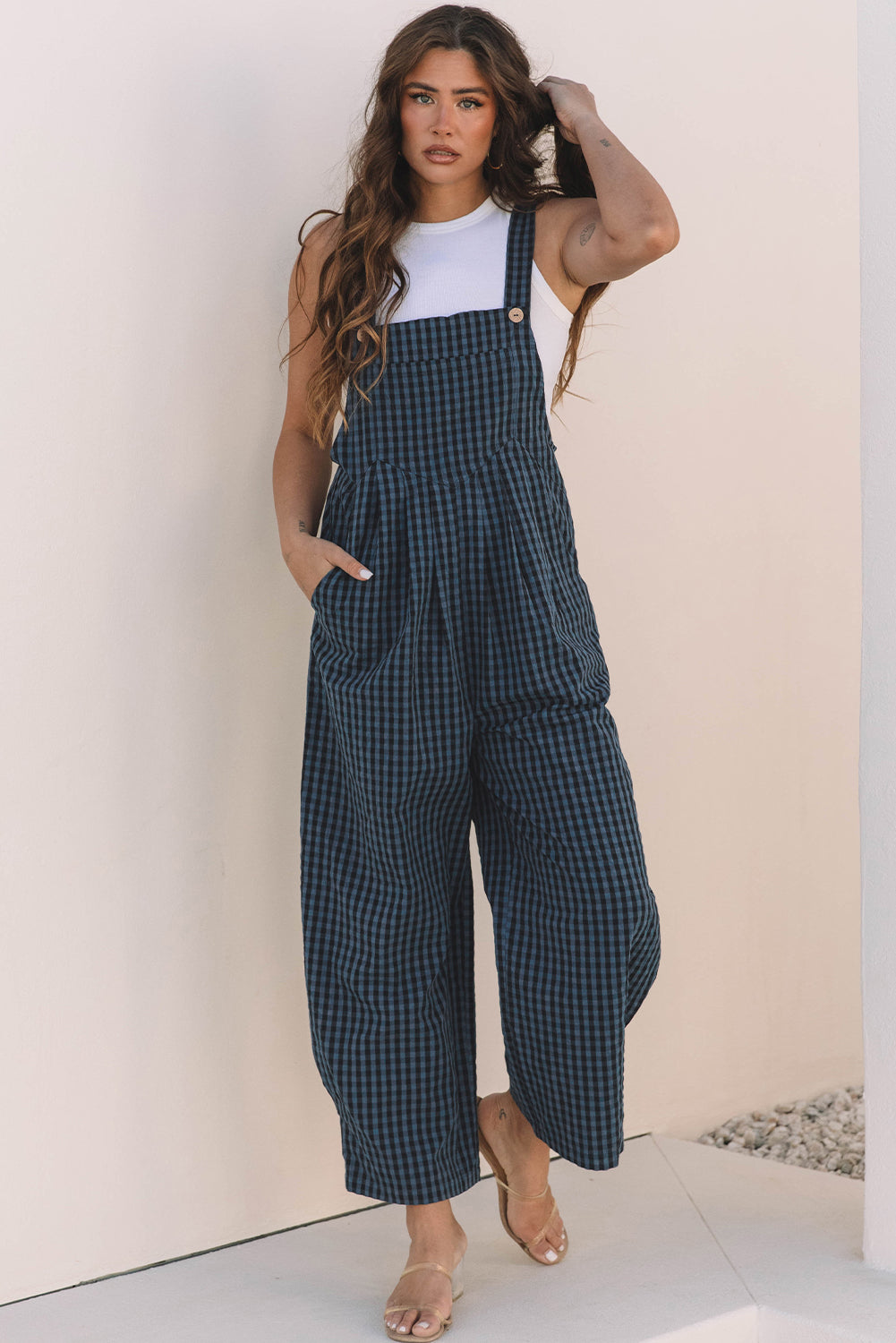 Sail Blue Plaid Print Buttoned Pocketed High Waist Overall-Bella Boutique Collective