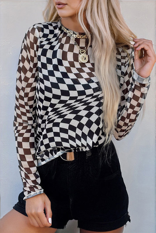 Black Checkered Pattern Mesh Mock Neck Long Sleeve Top-Bella Boutique Collective