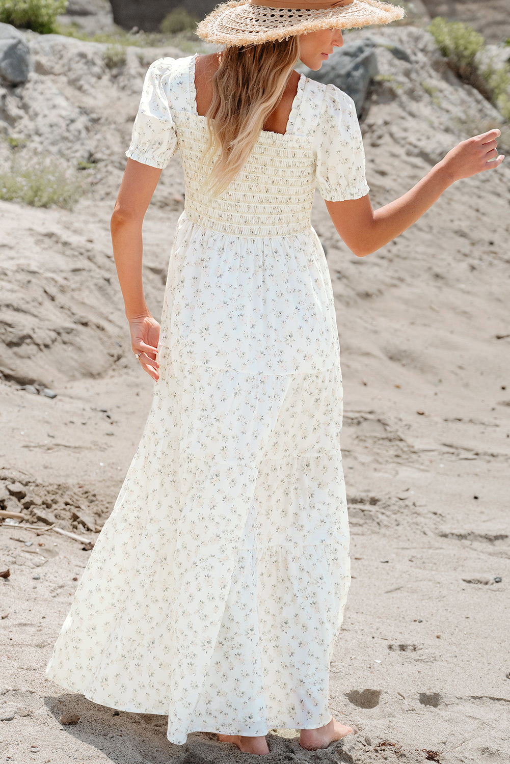 White Frilly Shirred Bodice Tiered Floral Maxi Dress-Bella Boutique Collective