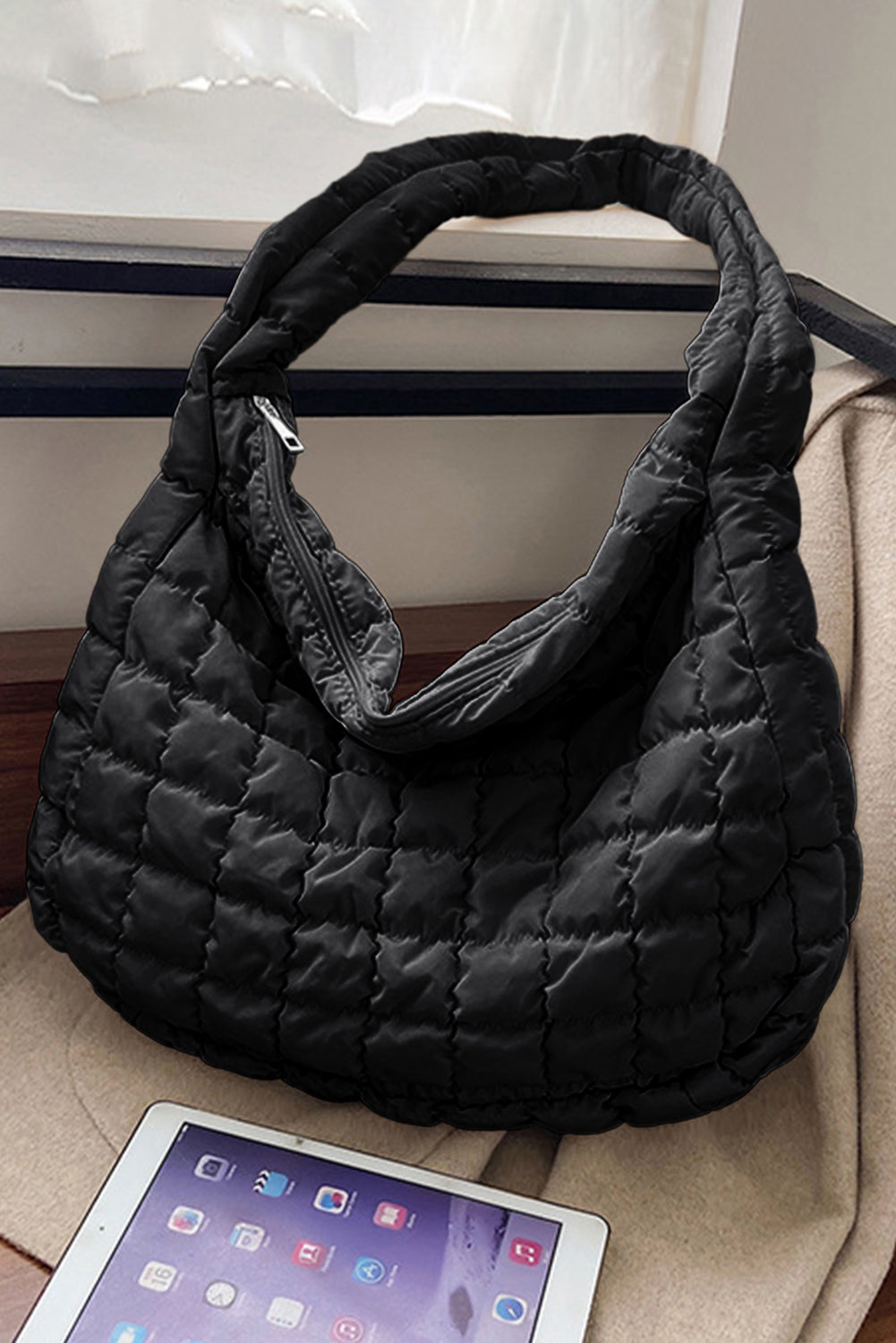 Black Quilted Zipper Large Shoulder Bag-Bella Boutique Collective