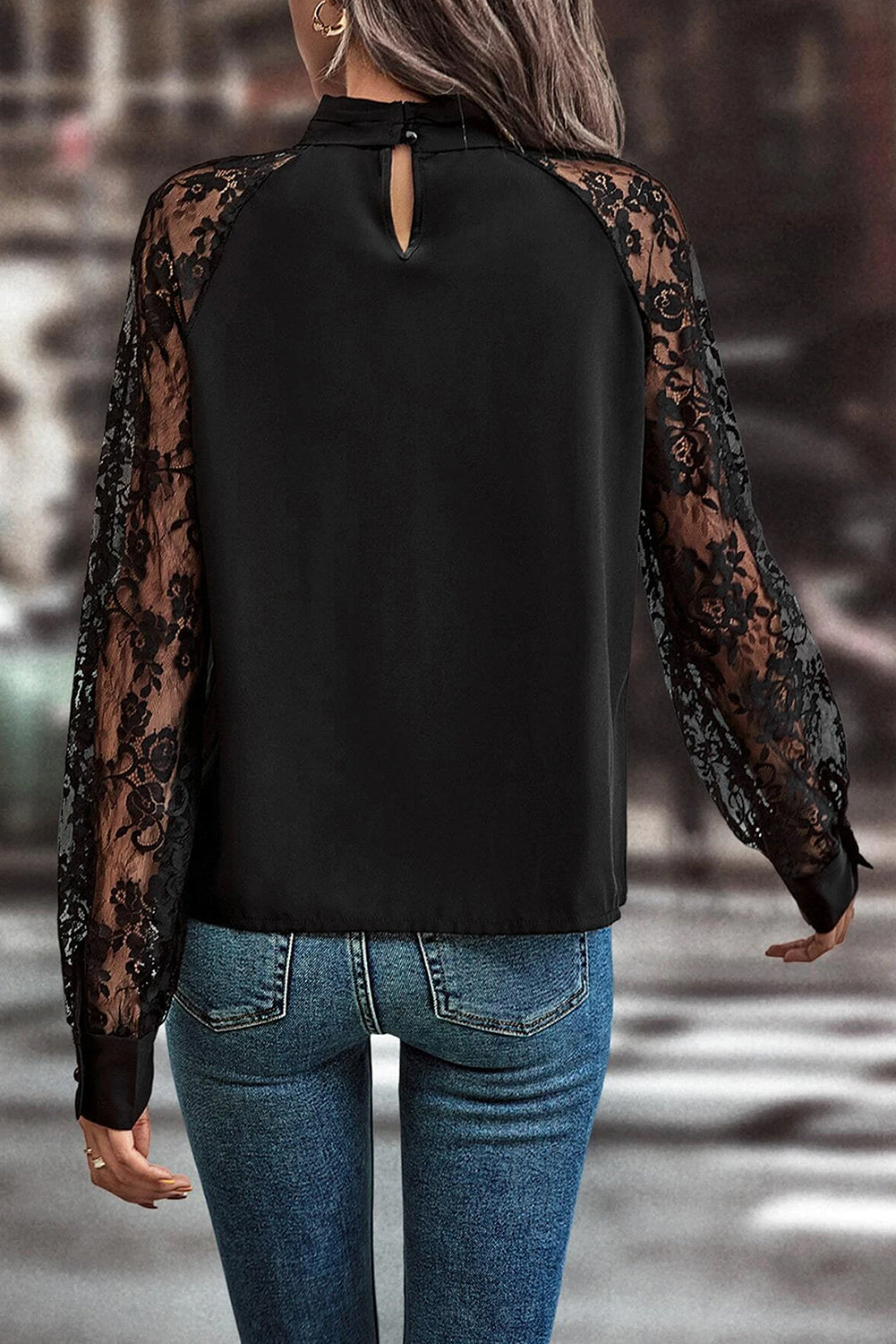 Black Keyhole Neckline Floral Lace Raglan Sleeve Blouse-Bella Boutique Collective