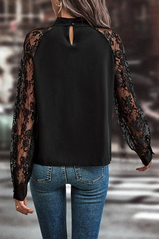 Black Keyhole Neckline Floral Lace Raglan Sleeve Blouse-Bella Boutique Collective
