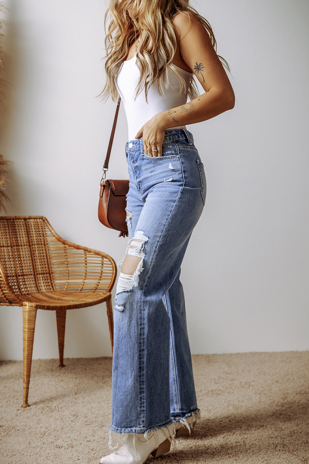 Ashleigh Blue Distressed Raw Hem Straight Leg High Waist Jeans-Bella Boutique Collective