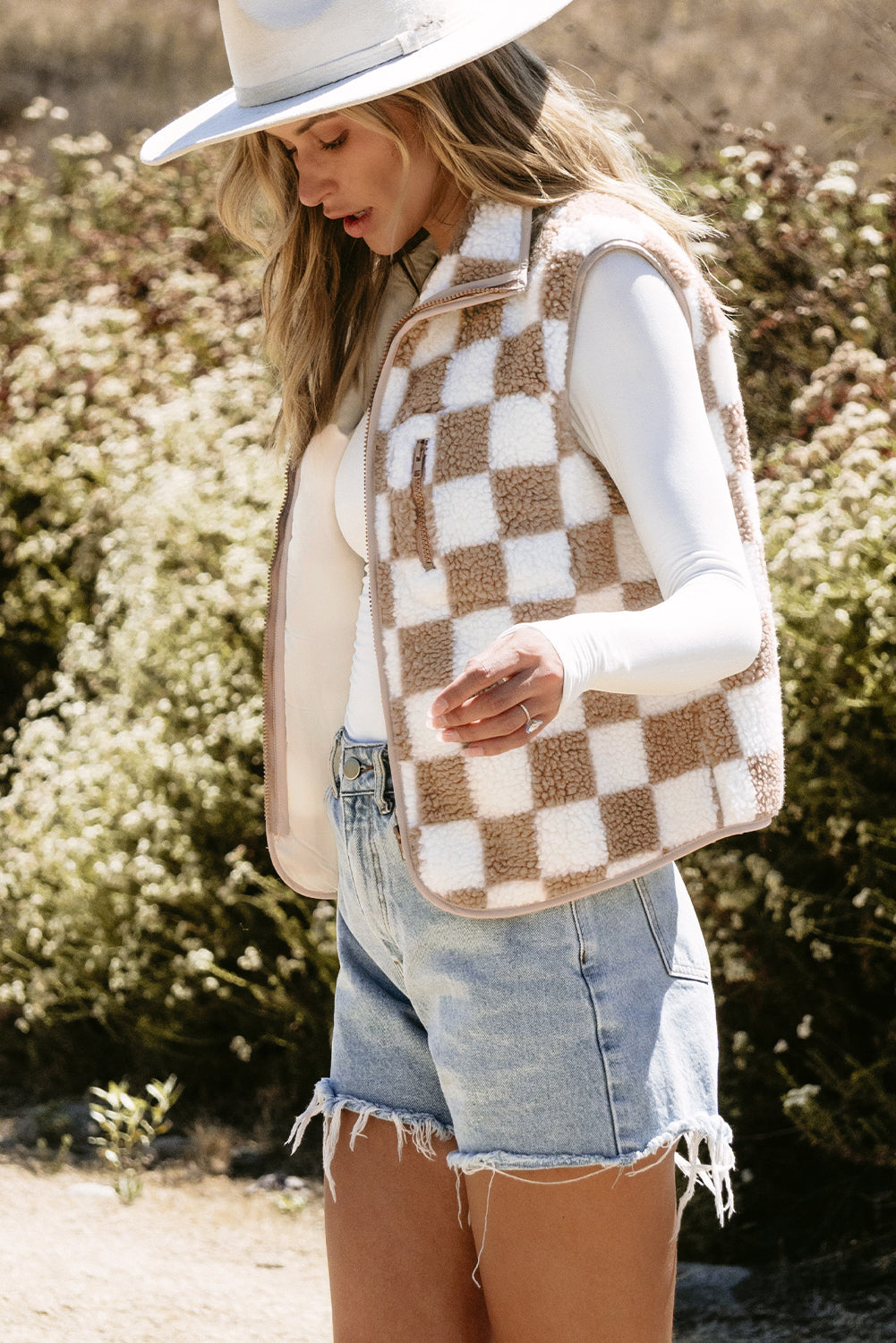 Khaki Checkered Sherpa Collared Jacket Vest-Bella Boutique Collective