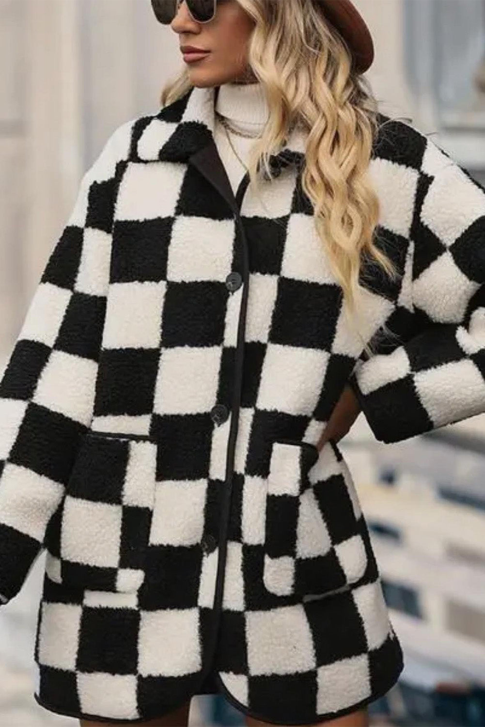 Black Checkered Side Pockets Collared Buttoned Fleece Jacket-Bella Boutique Collective