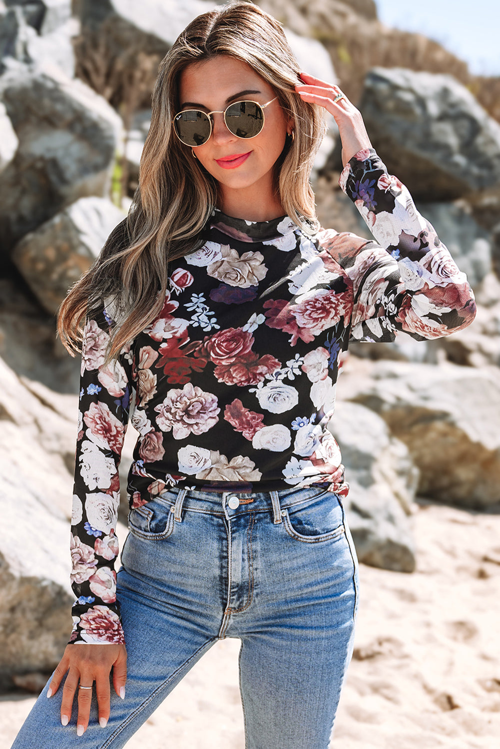 Pink Mesh Floral Print Mock Neck Long Sleeve Slim Top-Bella Boutique Collective