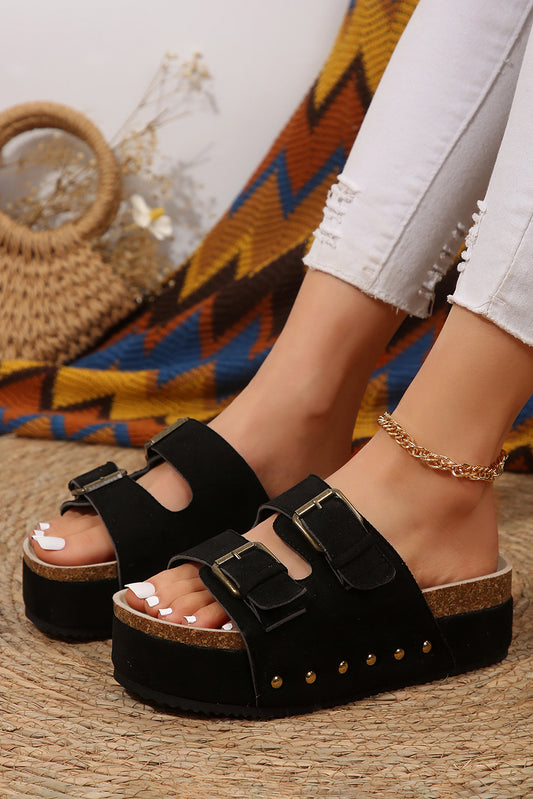 Black Suede Buckle Decor Footbed Sandal Slippers-Bella Boutique Collective