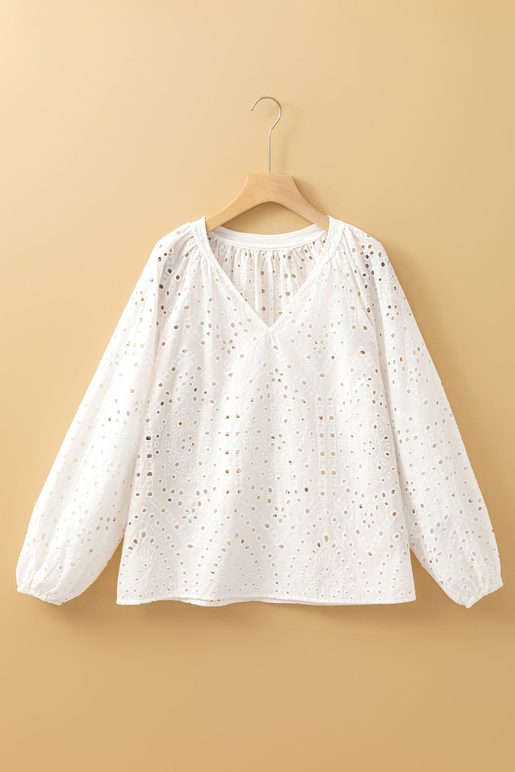 White Eyelet Embroidered Puff Sleeve V Neck Blouse-Bella Boutique Collective