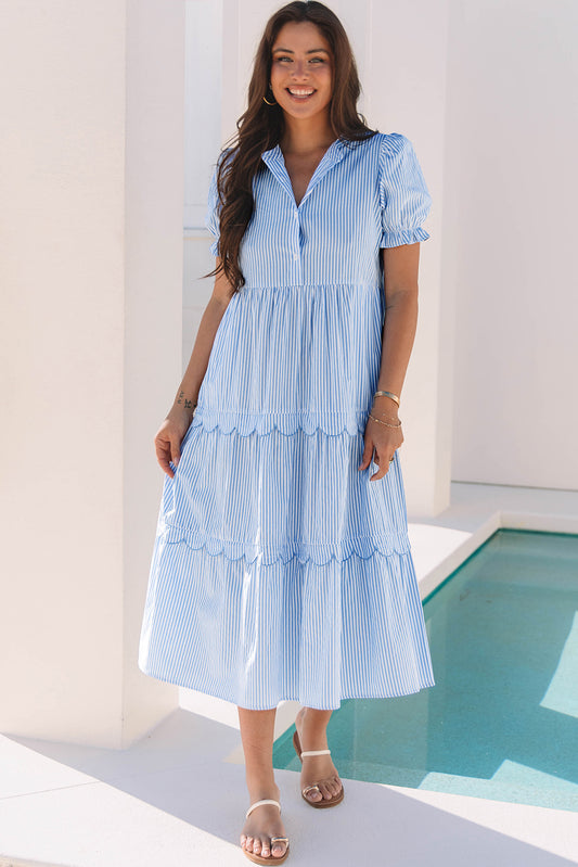 Sky Blue Stripe Bubble Short Sleeve Tiered Scallop Long Dress-Bella Boutique Collective