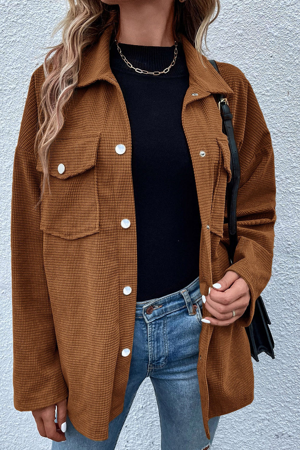 Brown Textured Flap Pocket Drop Shoulder Shacket-Bella Boutique Collective