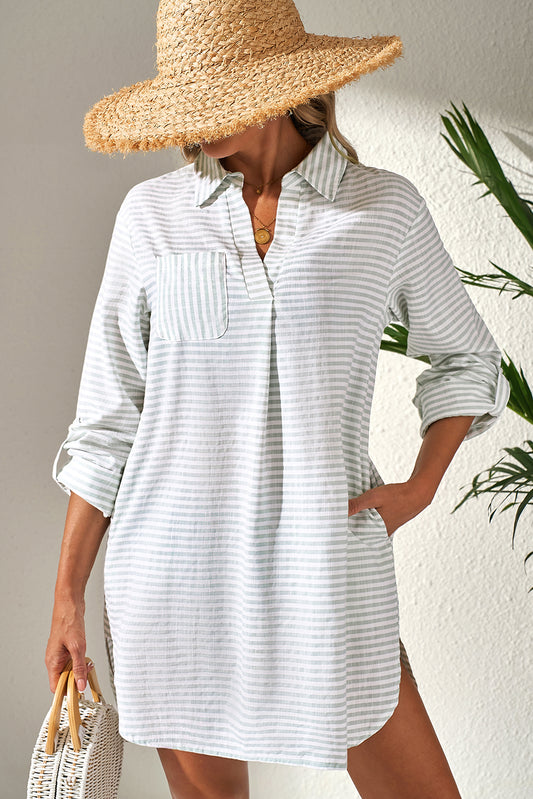 White Stripe Collared V Neck Chest Pocket Long Sleeve Beach Cover up-Bella Boutique Collective