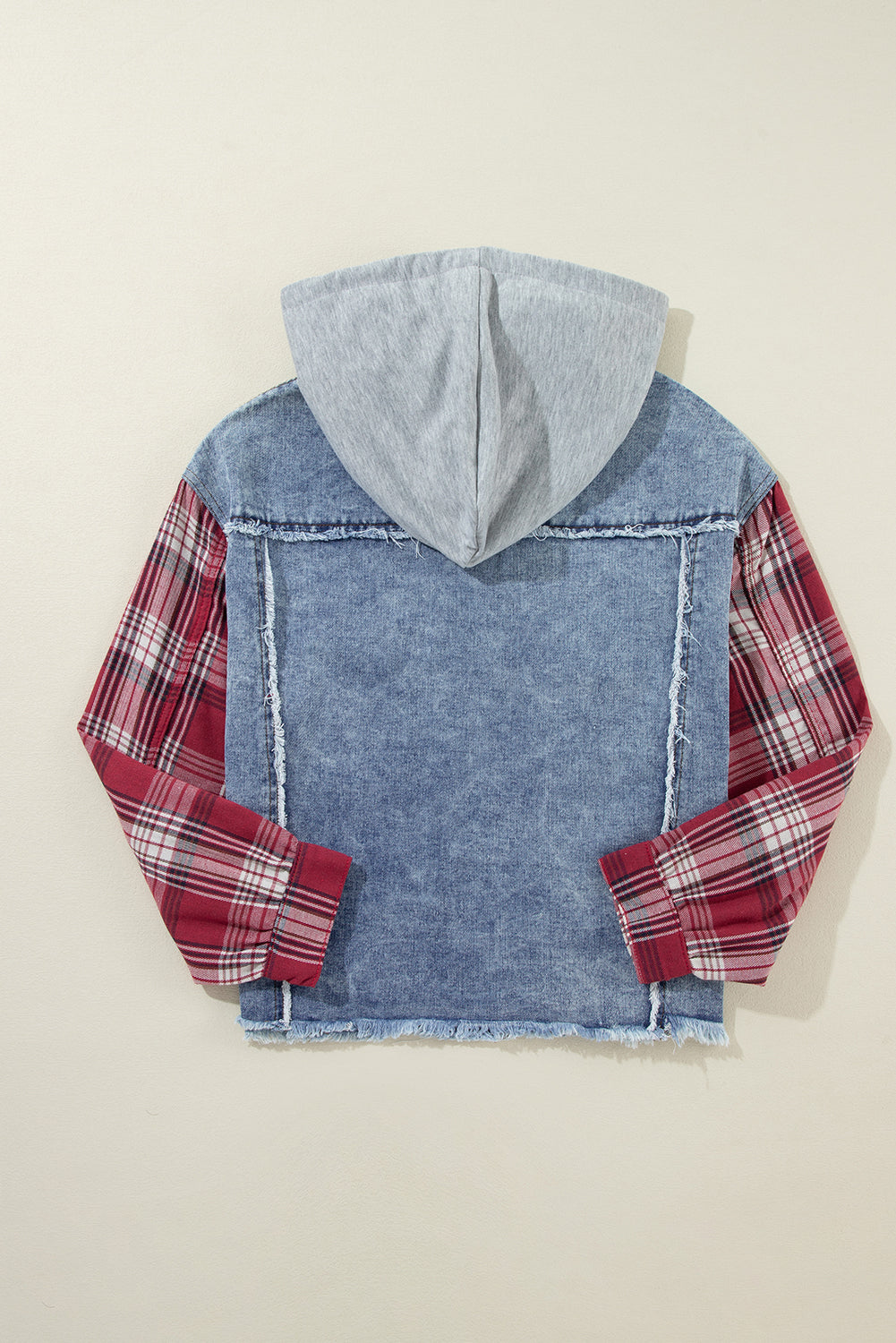 Beau Blue Plaid Print Patchwork Hooded Raw Hem Denim Jacket-Bella Boutique Collective