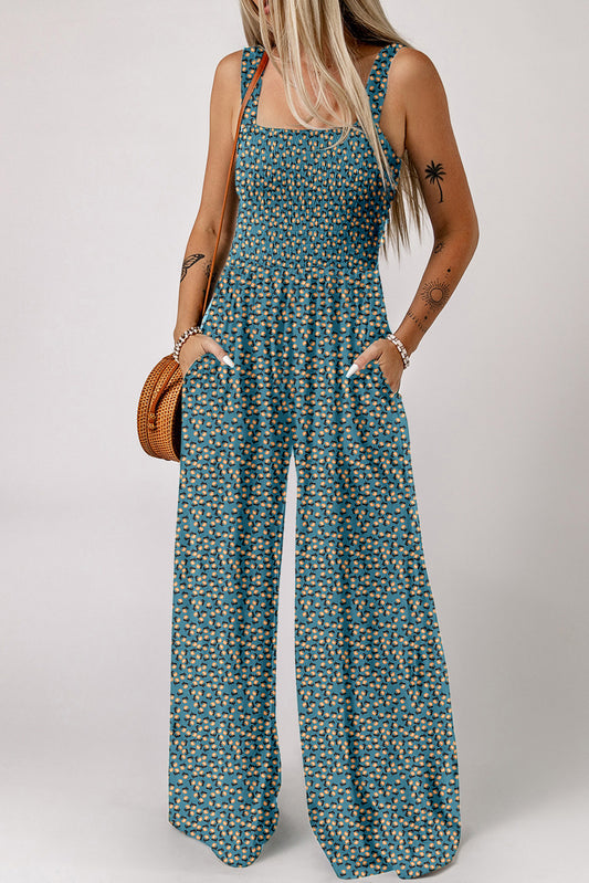 Green Floral Print Smocked High Waist Square Neck Jumpsuit-Bella Boutique Collective