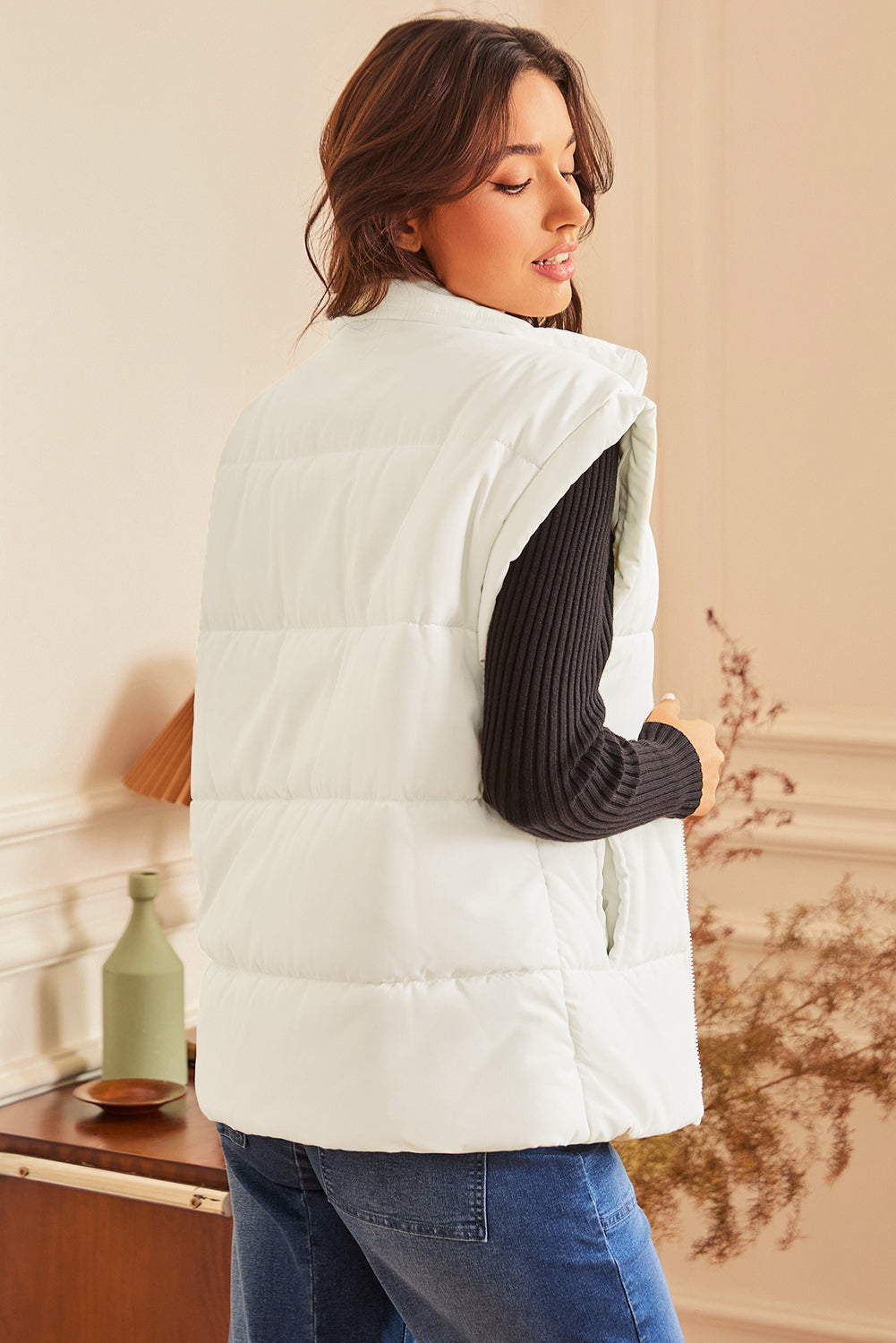 Beige Zipper Stand Neck Oversized Puffer Vest-Bella Boutique Collective