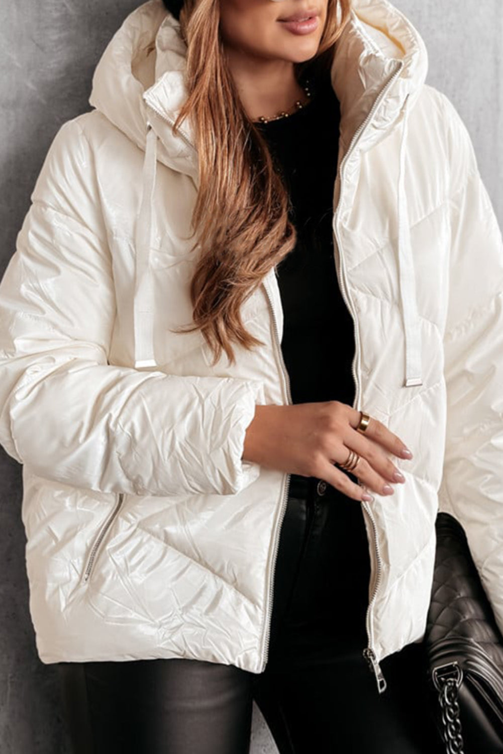 White Solid Quilted Hooded Zip Up Puffer Coat-Bella Boutique Collective
