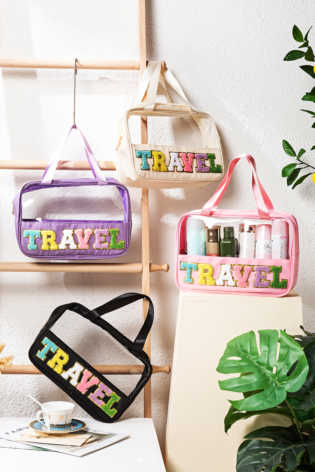 Light Pink TRAVEL Chenille Letter Clear PVC Makeup Bag-Bella Boutique Collective