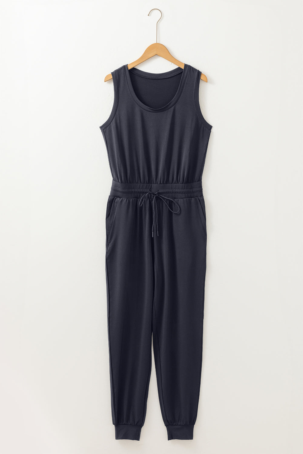 Black Casual Tank Style Tie Waist Pocketed Jogger Jumpsuit-Bella Boutique Collective